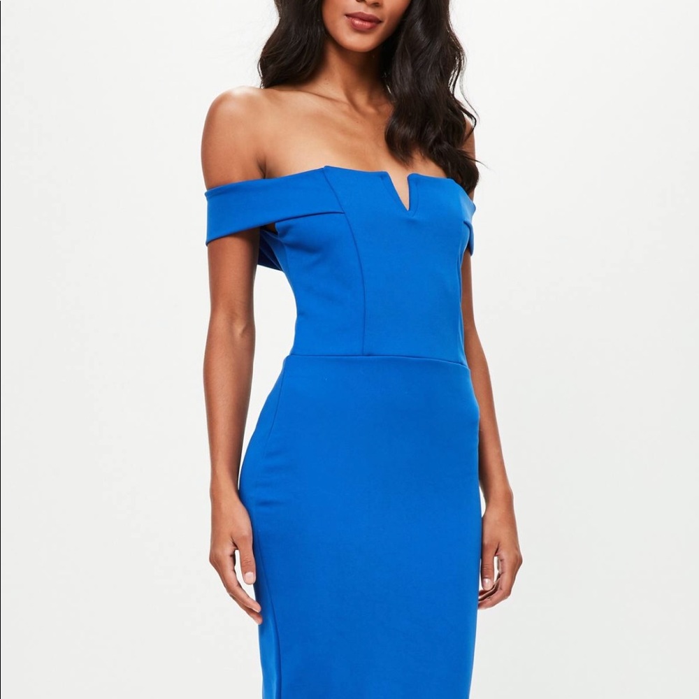 Missguided blue v front bardot midi dress NWT